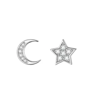 S925 Silber Stern und Mond Ohrstecker, exquisite Zirkonia asymmetrisches Design für Damen.