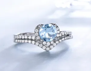 Exakte Detailansicht des 925 Silber Rings mit natuerlichem blauem Topas und Zirkonia Steinen.