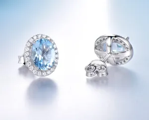 S925 Silber Oval Blau Topas Halo Ohrstecker Zirkon Pave Damen Elegantes Schmuckgeschenk
