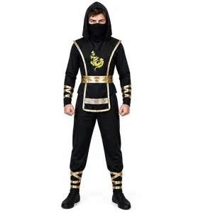 Halloween Adult Men Ninja Cosplay Costume Black Gold Hooded Top Pants Set Party Festival Performance Outfit