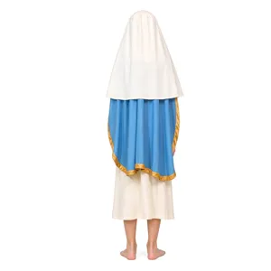 Detail view of Halloween biblical costume featuring white robe and blue gold-trimmed shawl.