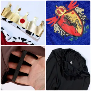 Detail du costume de roi pour enfants avec couronne et embleme. Ideal pour les fetes.