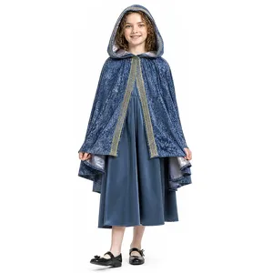 Costume Cosplay Principessa Elfo Medievale per Bambini Abito Lungo di Halloween Con Mantello in Velluto Con Cappuccio Vestito da Festa