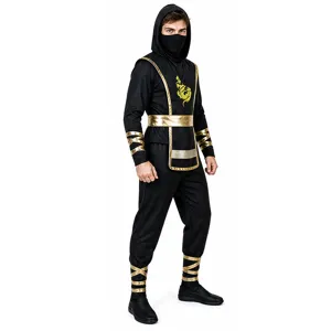Adult black gold ninja costume set halloween cosplay party dress up outfit for men wear