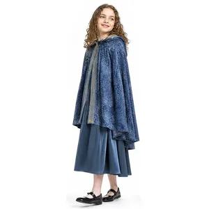 Costume da principessa elfica con mantello con cappuccio in velluto blu medievale e abito per Halloween.