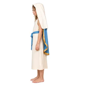 Child historical costume detail showing side view of cream robe, blue cape with gold trim.