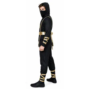 Detailed view of adult men black gold ninja costume set perfect for halloween parties.