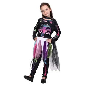Halloween children skeleton costume set, colorful bones print top pants with mesh skirt for party.