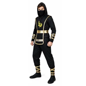 Detailed view of the black and gold ninja costume featuring hooded top, sash, and ties.