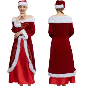 Gedetailleerd overzicht van de verdikte dames kerstman jurk met lange mouwen en muts.