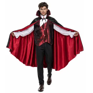 Close up view of adult men vampire costume detail showing dual-color cape and classic vest.