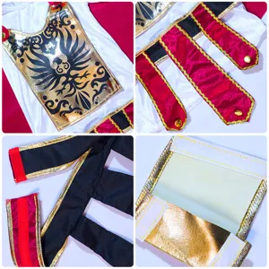 Vue rapprochée et détaillée du plastron doré et des finitions rouges du costume.