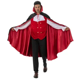 Adult Halloween vampire costume detail, black red cape, white ruffle shirt and red vest set.