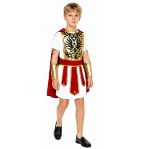 Costume de guerrier romain pour enfants, vue détaillée avec tunique blanche et cape rouge.