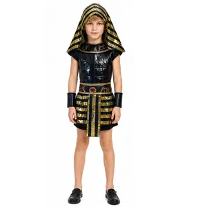 Detailed view of children Egyptian pharaoh costume featuring classic headpiece and tunic.