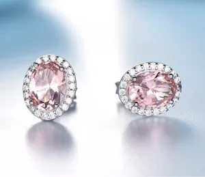 Elegante 925 Silber ovale rosa Edelstein Ohrringe mit funkelnden Zirkonia Steinen.