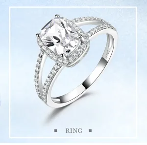 S925 Silber rechteckiger Zirkonia Heiligenschein Ring mit geteiltem Schaft fur Damen.