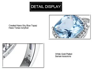 925 Silber Quadratischer Nano Sky Blau Topas Ring Detail Anzeige mit weißer Vergoldung.