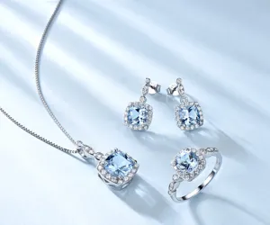 S925 Sterlingsilber hellblauer Edelstein Halskette Ohrringe Ring Schmuck Set Detail.