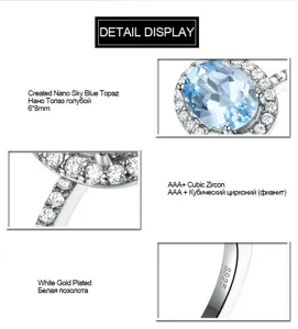 S925 Silber Nano Himmelblau Topas Ring Detailansicht mit glitzernden Zirkonia Steinen