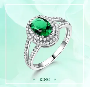 Silberner grüner Edelstein Ring Luxus Doppel Halo Pavé Zirkonia Modeschmuck Damen