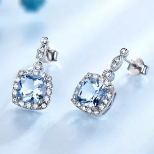 Minimalistisch 925 Sterlingsilber Himmelblau Strass Schmuckset Für Damen Quadratisch Anhänger Boxkette Halskette Ohrringe Ring Set