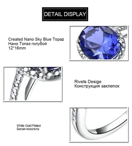 Dettaglio dell'anello in argento 925 con topazio blu, incassatura a griffe e fascia con rivetti.
