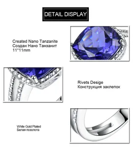 Vista dettagliata del prezioso anello tanzanite con taglio cuscino e dettagli rivetti.