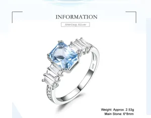 Elegante anillo de plata de ley con piedra preciosa azul rectangular y circonitas.