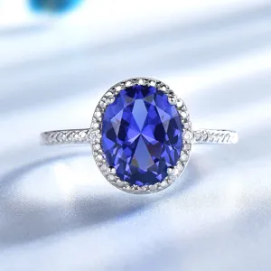 Lussuoso Anello Fidanzamento Matrimonio Strass Pave Halo Donna Zaffiro Blu Ovale in Argento Sterling 925