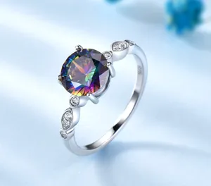 Detailaufnahme des 925er Silberrings mit buntem Regenbogen-Edelstein und Zirkonia-Besatz.