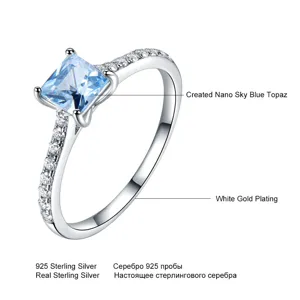 S925 Sterling Silber Hellblau Topas Ring Prinzessin Schliff Weißgold Plattiert Schmuck