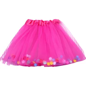 Kids girls pink tutu skirt with colorful pom poms fluffy mesh dress for party performance dance