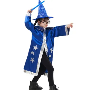 Detailed shot of kids wizard cloak costume with star prints, magic hat and wand for party.