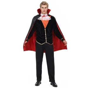 Vue detaillee de l'elegant costume de vampire avec cape noire et haut argente pour homme.