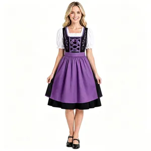 Traditional German Oktoberfest dirndl dress detail, purple apron with black bodice and embroidery