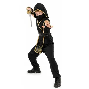 Kids black ninja costume set with gold trim, hood, mask and toy sword for Halloween party.