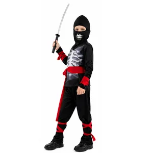 Vista dettagliata del costume da ninja scheletro per bambini con maschera e cintura rossa.