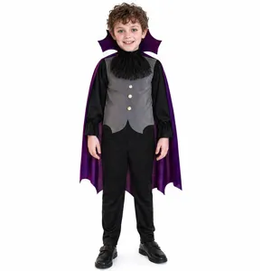 Déguisement de Vampire d'Halloween pour Enfants avec Cape Violette et Gilet Gris.