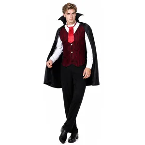 Close-up details of the men's vampire costume featuring a red patterned vest and black cape.