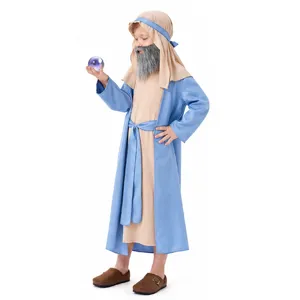 Kids old man costume detail view showing blue robe and headpiece for Halloween cosplay.