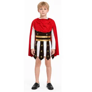 Close-up detail of the kids Roman warrior costume, showing the red cape and armor details.