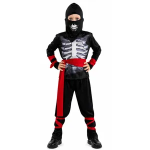 Dettagli del costume da ninja scheletro per bambini, abito nero con ossa e fascia rossa.