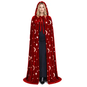 Mantello con cappuccio in velluto rosso con stelle e luna dorate, ideale per feste di Halloween.