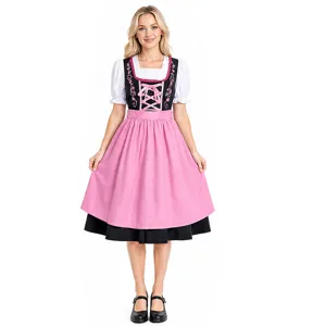 Detailed view of traditional German Dirndl dress with pink apron and embroidered bodice.
