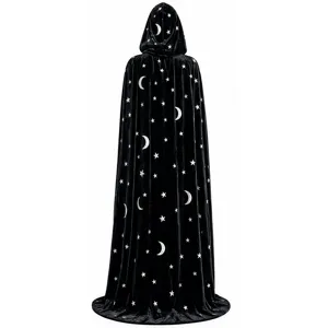 Mantello con cappuccio in velluto nero con stampa di stelle e luna per feste di Halloween.