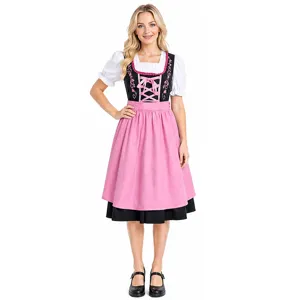 Detailed view of traditional Bavarian Dirndl dress with pink skirt, black bodice, and blouse.