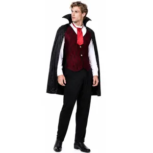 Men Halloween vampire costume detail shot, black cape red vest and white shirt.