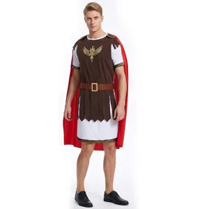 Roman Spartan warrior costume detail shot showing the brown armor and red cape design.