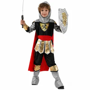 Kids Roman Warrior Costume Halloween Medieval Knight Cosplay Outfit Set Polyester Hooded Top Cloak Pants Role Play